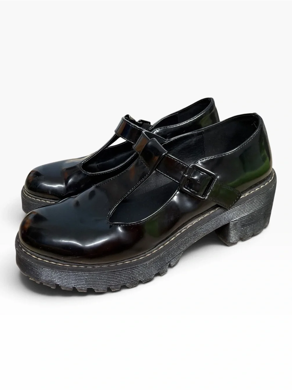 Madden Girl Black Patent T-Strap Mary Jane Platform Lug Sole Shoes Womens 10